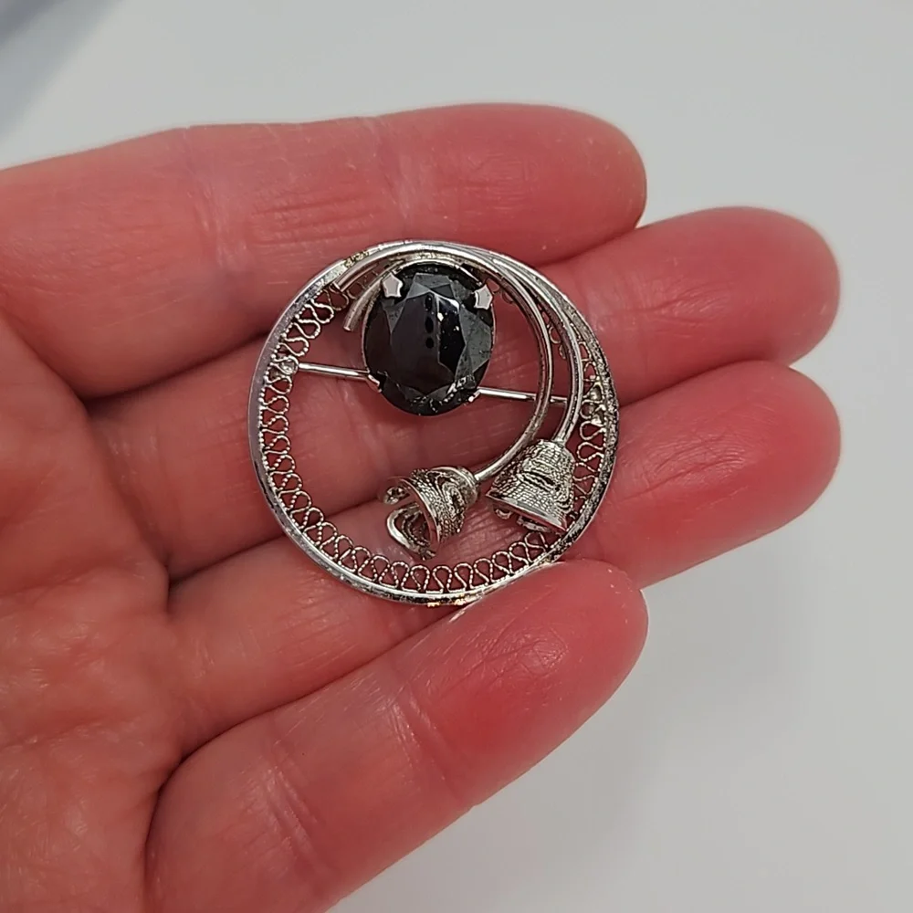 Vintage Zeidell's Sterling Hematite Brooch Filagree Bells